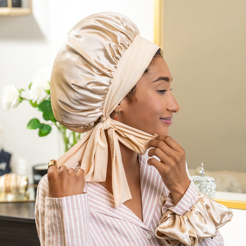 Blissy Bow Bonnet - Champagne - 100% Mulberry Silk Mulberry Silk Blissy Silk Bow Bonnet – Blissy
