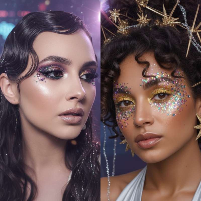 Two glamorous New Year’s Eve hairstyles with glitter makeup, one with sleek waves and one with curly hair crowned in star accessories
