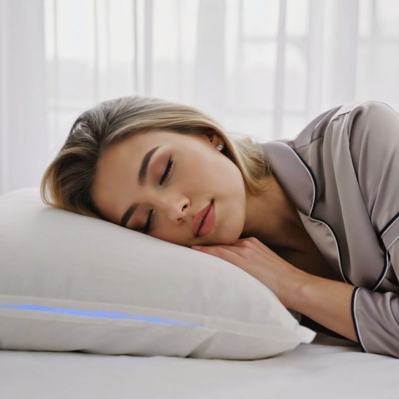 Side sleeper resting on the Blissy Adjustable Pillow with glowing ergonomic support, designed to reduce neck and shoulder pain for deeper sleep in 2026