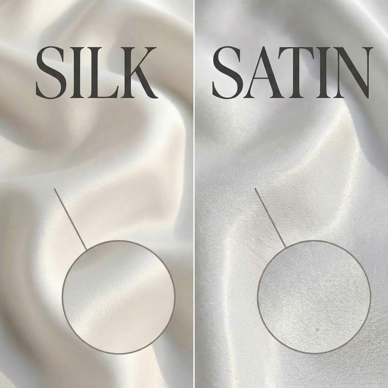 Pure silk compared to satin weave detail, highlighting a smooth yet gentle surface you can feel over the course of use