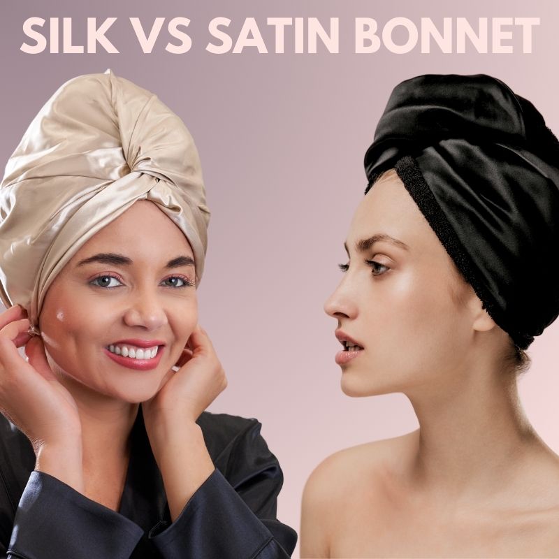 Satin vs silk bonnet on two models—hair wraps compare satin fabric vs silk hair benefits across different hair textures