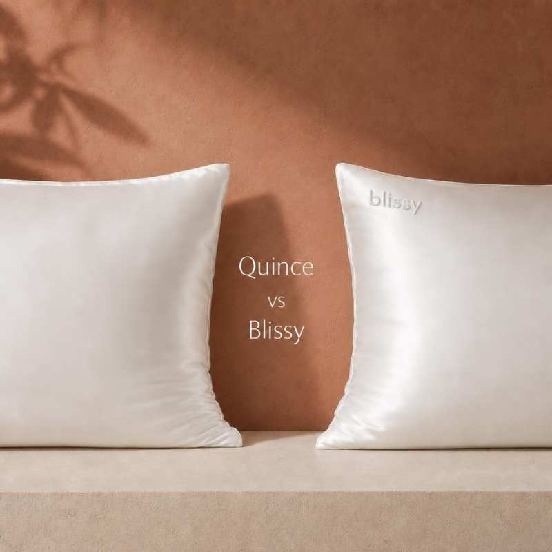 Quince vs Blissy silk pillowcase comparison showing two white pillows
