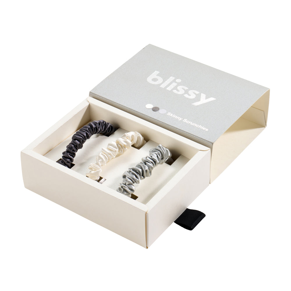 Blissy White, Gray, Silver Blissy Skinny Scrunchies – 22 Momme Mulberry Silk, 100% Silk