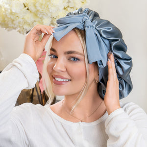 Blissy Ash Blue Silk Blissy Bow Bonnet Detail –