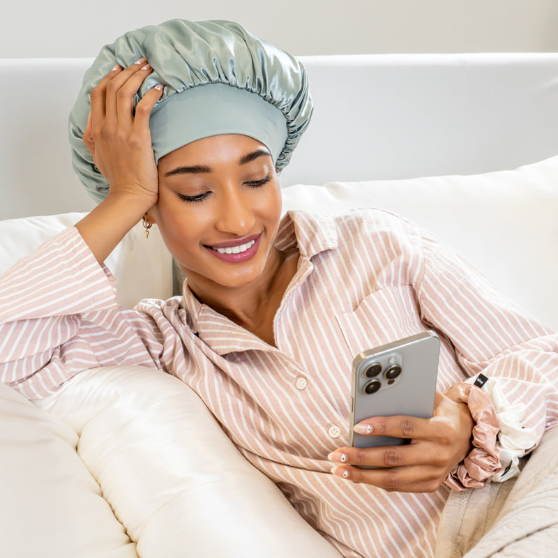 Blissy Matcha Blissy Halo Bonnet Lifestyle – Mulberry Silk