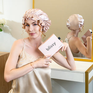 Blissy Ruffle Bonnet - Pink/White - Blissy Pink/White Ruffle Bonnet – 22 Momme Mulberry Silk, 100% Silk – Lifestyle
