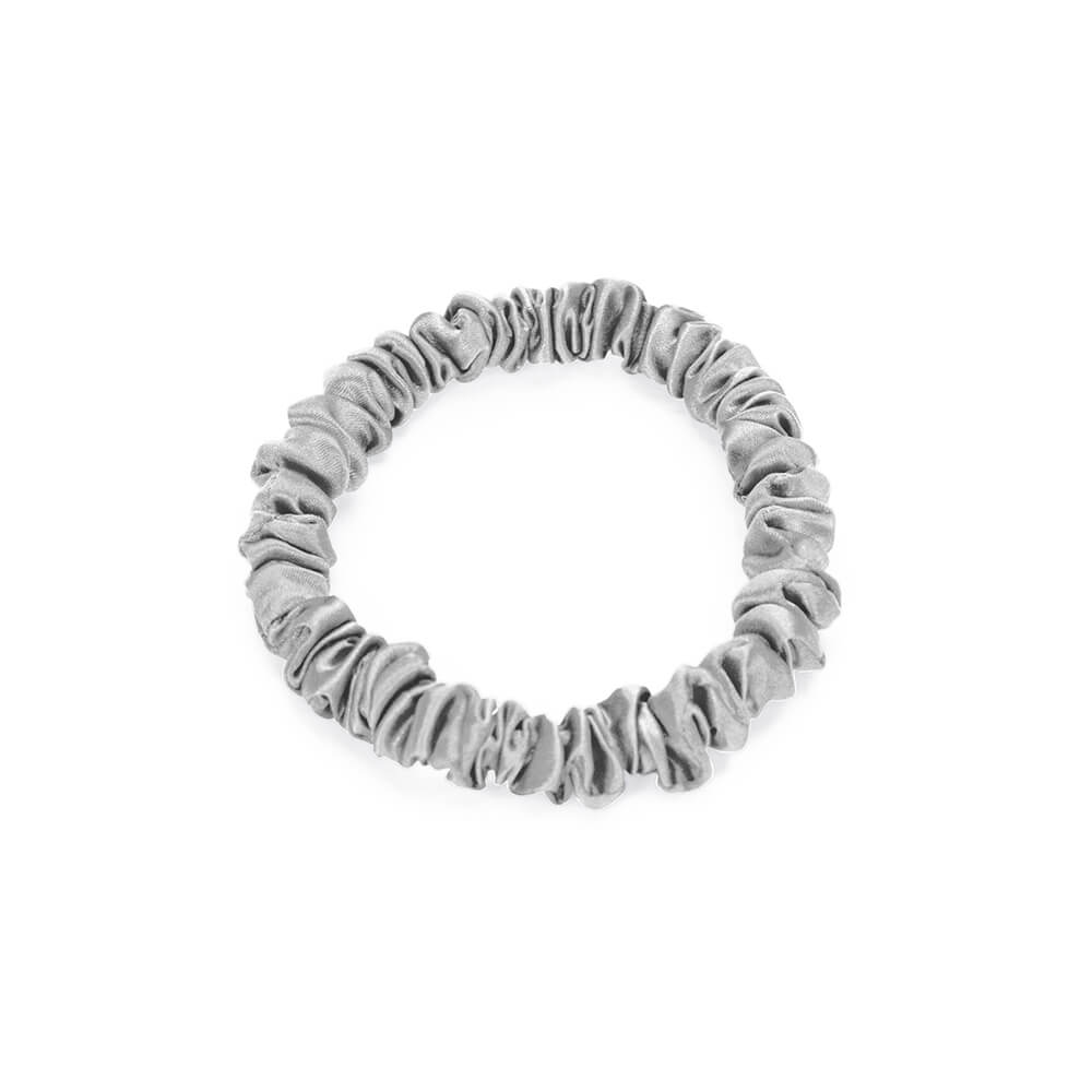 Silver Blissy Skinny Scrunchies Close-Up – Blissy 22 Momme Silk