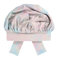 Tie Dye Blissy Bow Bonnet Close-Up – Blissy 22 Momme Silk