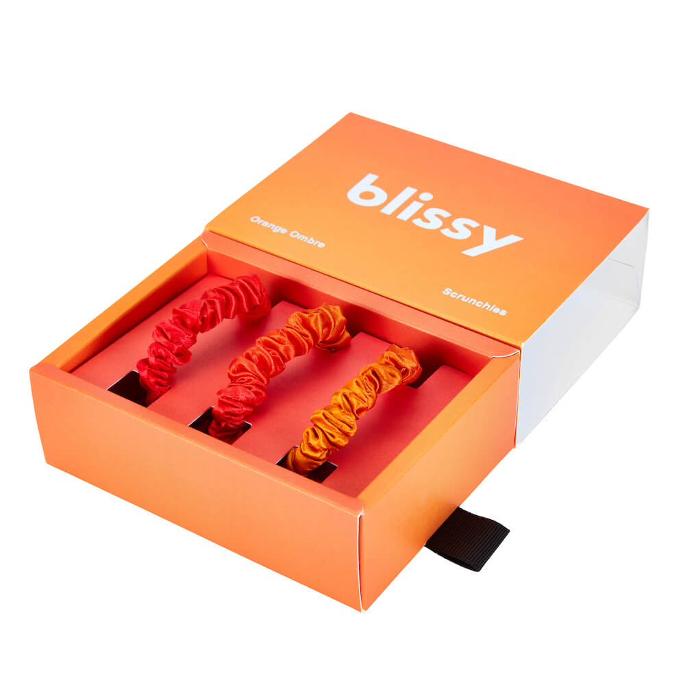 Blissy Orange Ombre Blissy Skinny Scrunchies – 22 Momme Mulberry Silk, 100% Silk