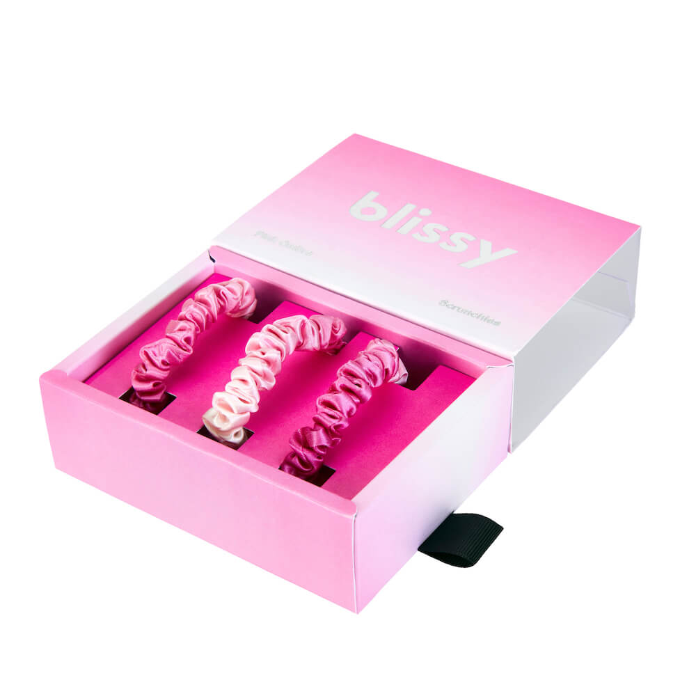 Blissy Pink Ombre Blissy Skinny Scrunchies – 22 Momme Mulberry Silk, 100% Silk