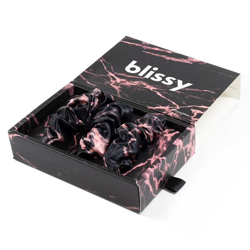 Blissy Scrunchies - Rose Black Marble - Blissy Rose Black Marble Blissy Scrunchies – 22 Momme Mulberry Silk, 100% Silk