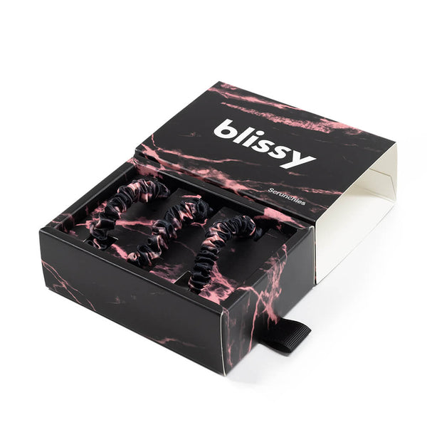 Blissy Rose Black Marble Blissy Skinny Scrunchies – 22 Momme Mulberry Silk, 100% Silk