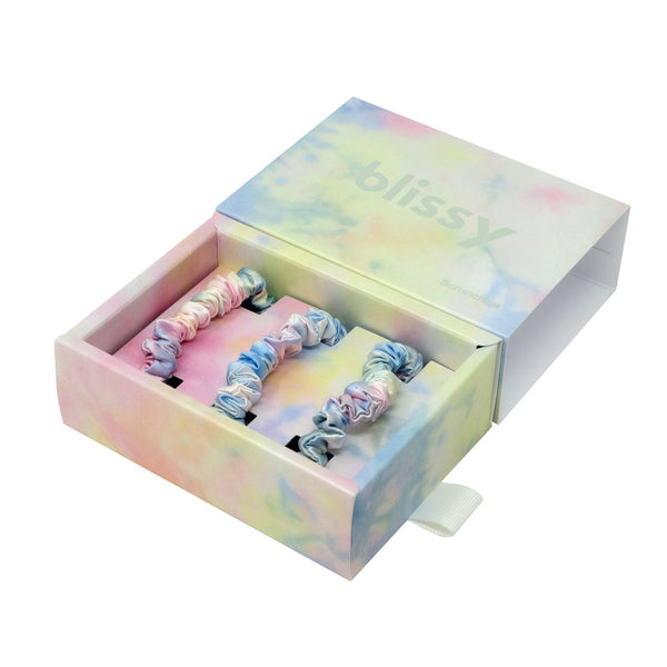 Blissy Yellow Tie-Dye Blissy Skinny Scrunchies – 22 Momme Mulberry Silk, 100% Silk